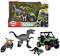 'Herní sada "Dino Tracker" od Dickie Toys obsahující hračku dinosaura, Jeep s pohyblivými částmi, motorku a akční figurku.'