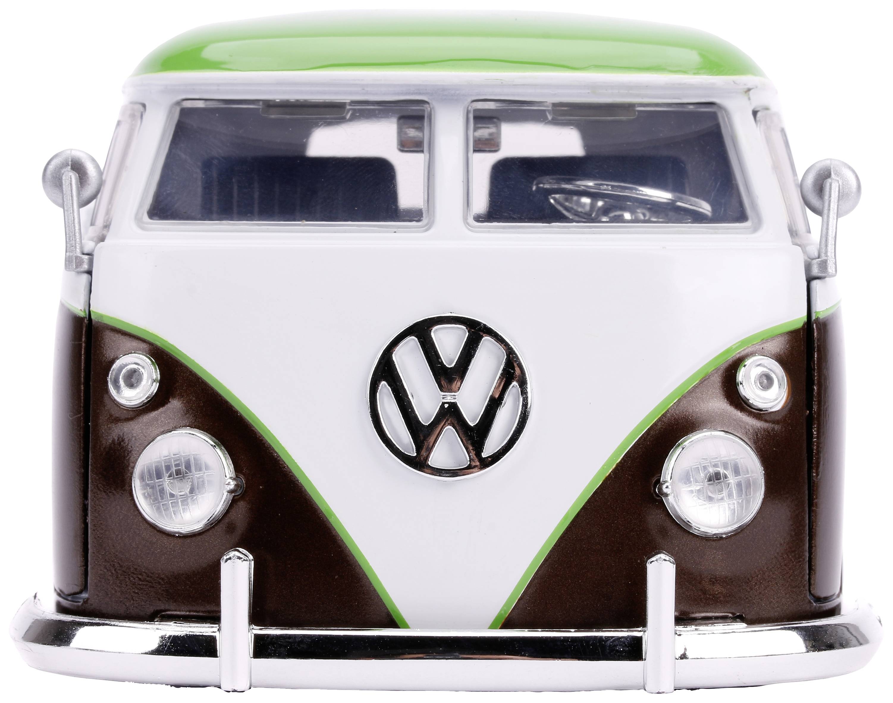 Model hračky klasického VW autobusu v bílé a hnědé barvě se zelenou střechou, pohled zepředu.