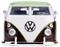 Model hračky klasického VW autobusu v bílé a hnědé barvě se zelenou střechou, pohled zepředu.