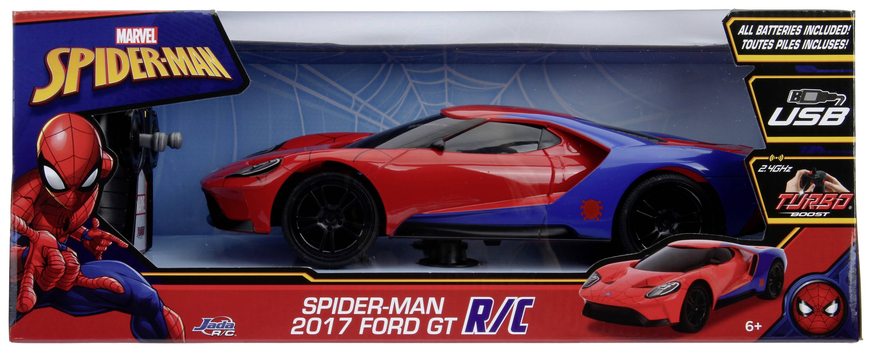 Hračka - RC auto Spider-Man Ford GT z roku 2017 v modro-červeném balení. Obsahuje USB nabíjení a funkci Turbo-Boost. Vhodné pro děti od 6 let.