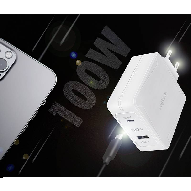 Moderní nabíječka a smartphone s nápisem '100W'; zobrazuje výkon nabíječky.