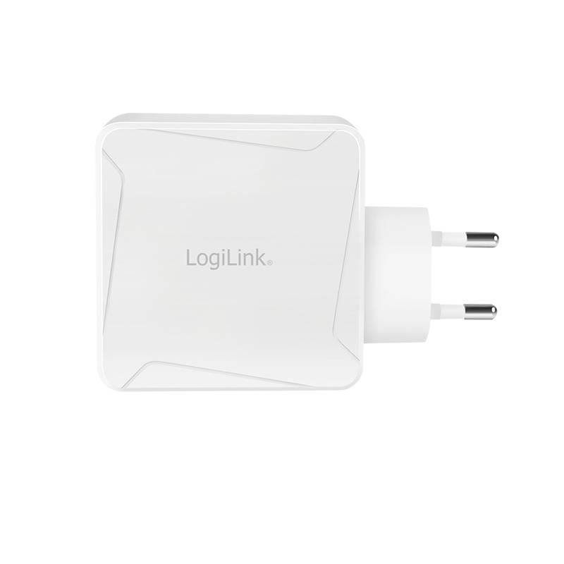 Bílá USB nabíječka s logem 'LogiLink' na přední straně a eurokonektorem na pravé straně.