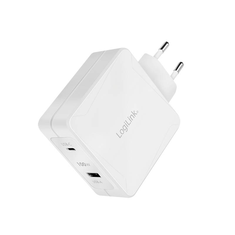 Bílá nabíječka se dvěma porty, USB-C a USB-A, vhodná pro maximální výkon 100 W.