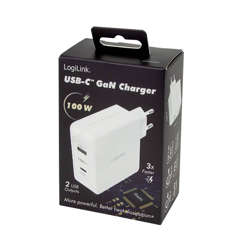 Černý obal nabíječky LogiLink USB-C GaN, 100W. Zobrazuje bílou nabíječku se dvěma USB porty a informacemi o výhodách výkonu.