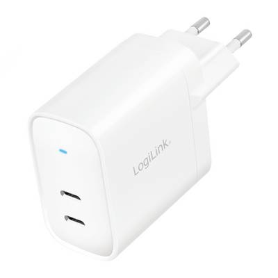 Bílá USB nabíječka se dvěma porty a evropskou zástrčkou, označená nápisem 'LogiLink', určená pro rychlé nabíjení více zařízení.