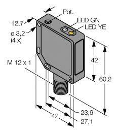 Technický výkres senzoru s rozměry: šířka 42 mm, výška 60,2 mm. Detaily LED indikátorů a montážních otvorů.