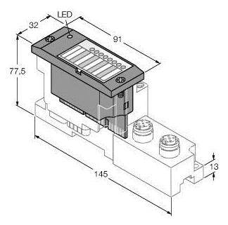 Diagram elektronické součástky s LED displejem. Rozměry: 32 x 91 mm nahoře, 77,5 mm výška, 145 mm dole. Připojení vpravo.