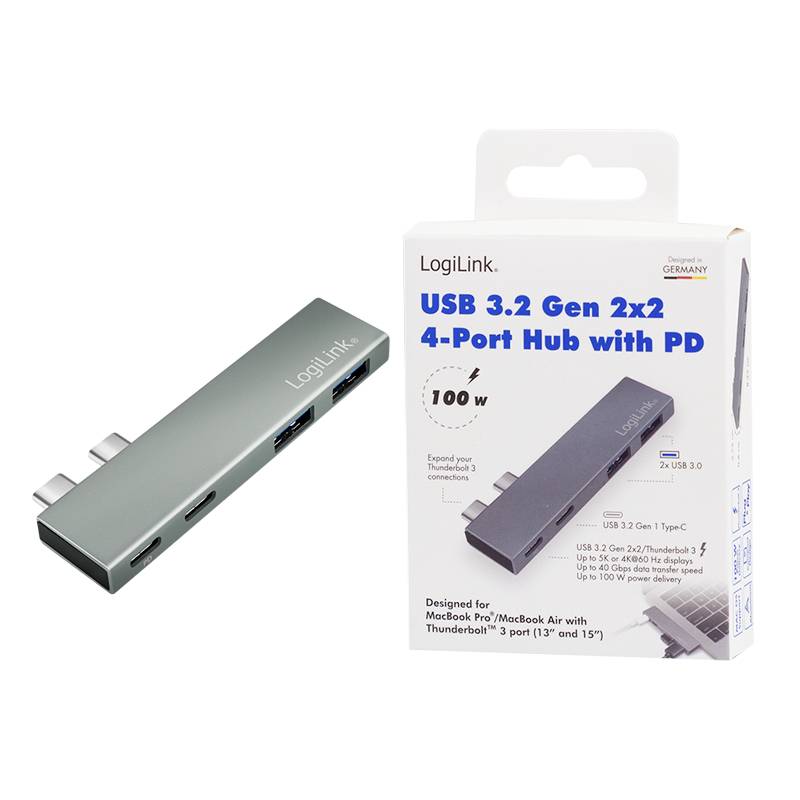 Balení USB 3.2 rozbočovače se 4 porty a Power Delivery, kompatibilního s MacBook Air/Pro, je zobrazeno vedle samotného rozbočovače.