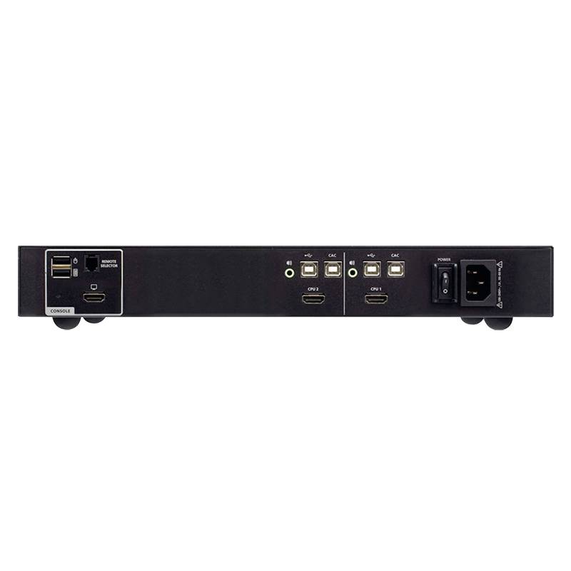 Zadní pohled na elektronické zařízení s různými konektory, včetně USB, HDMI a napájecího vstupu.