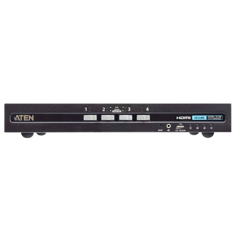 KVM přepínač se čtyřmi HDMI vstupy a kontrolkami. Zařízení disponuje tlačítky pro přepínání kanálů a konektorem pro připojení sluchátek.