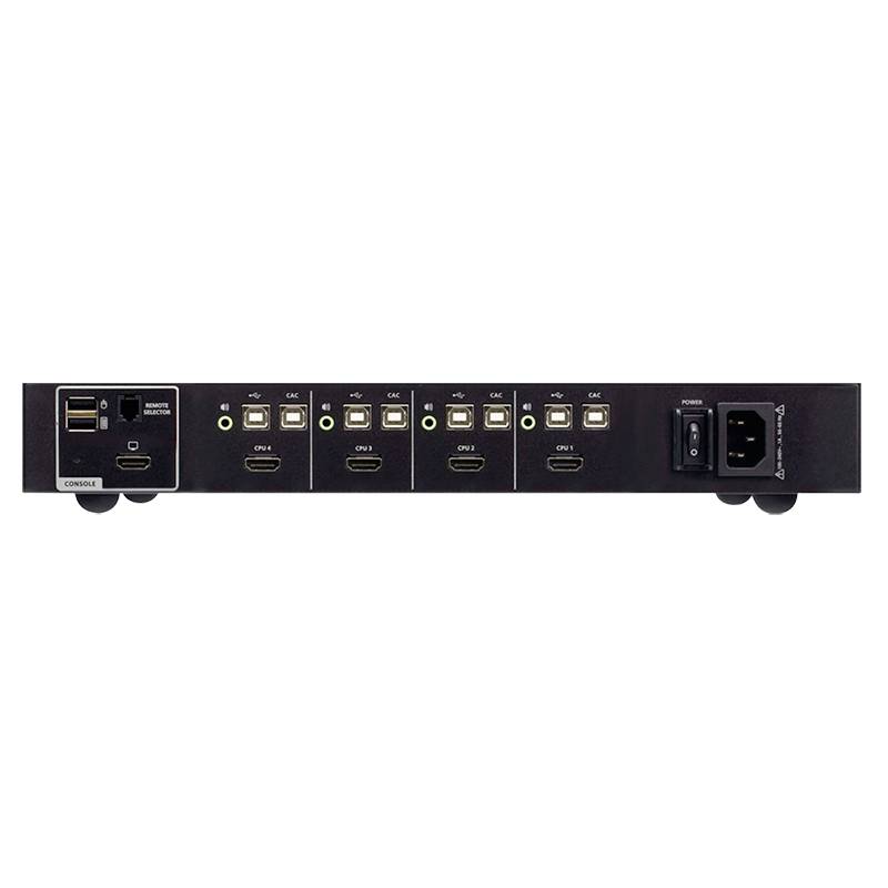 Zadní strana elektronického zařízení s několika ethernetovými a USB porty, HDMI konektorem a napájecím vstupem.