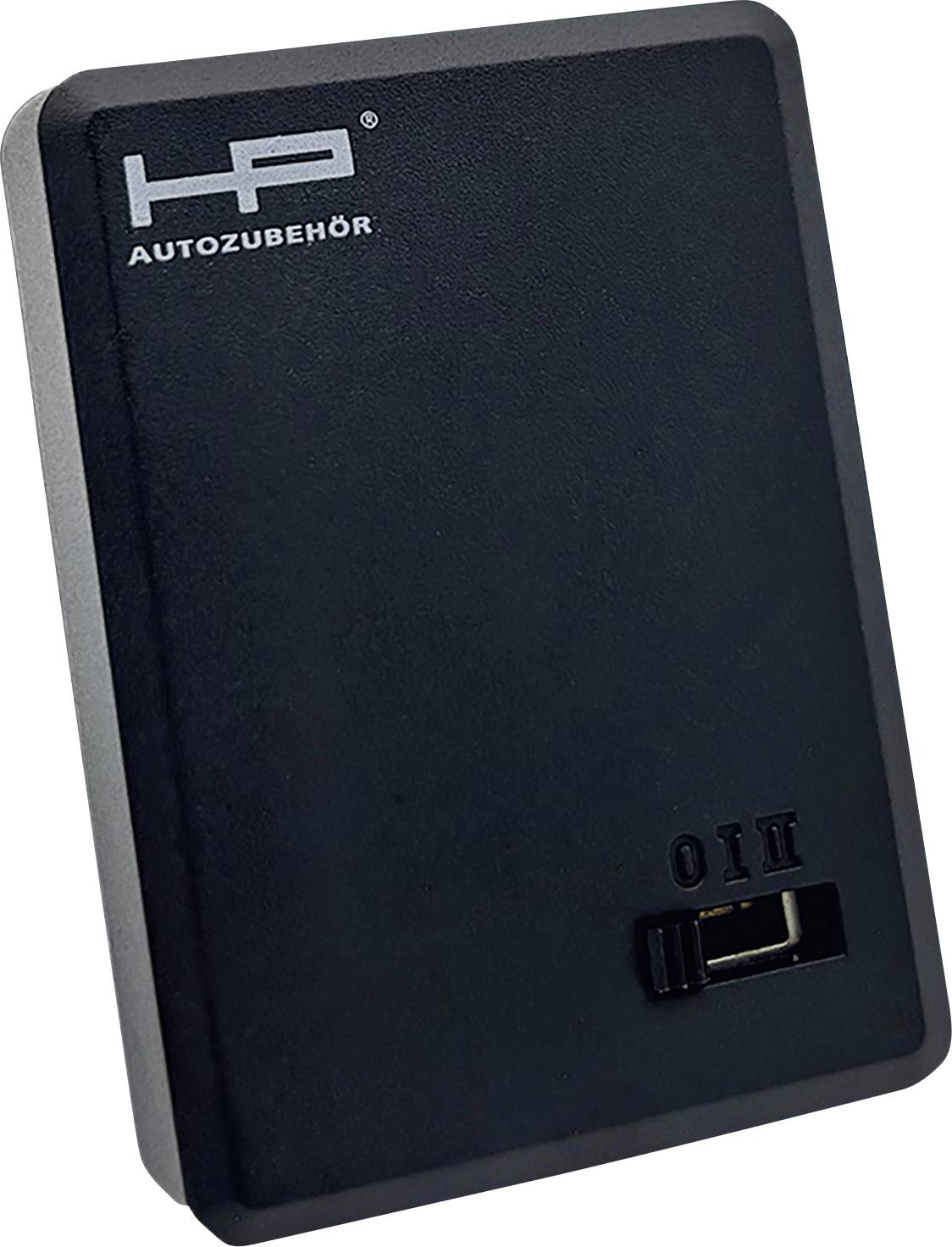 Černý autopříslušenství box s logem 'HP Autozubehör', který má USB port a přepínač označený 'I' a 'O'.