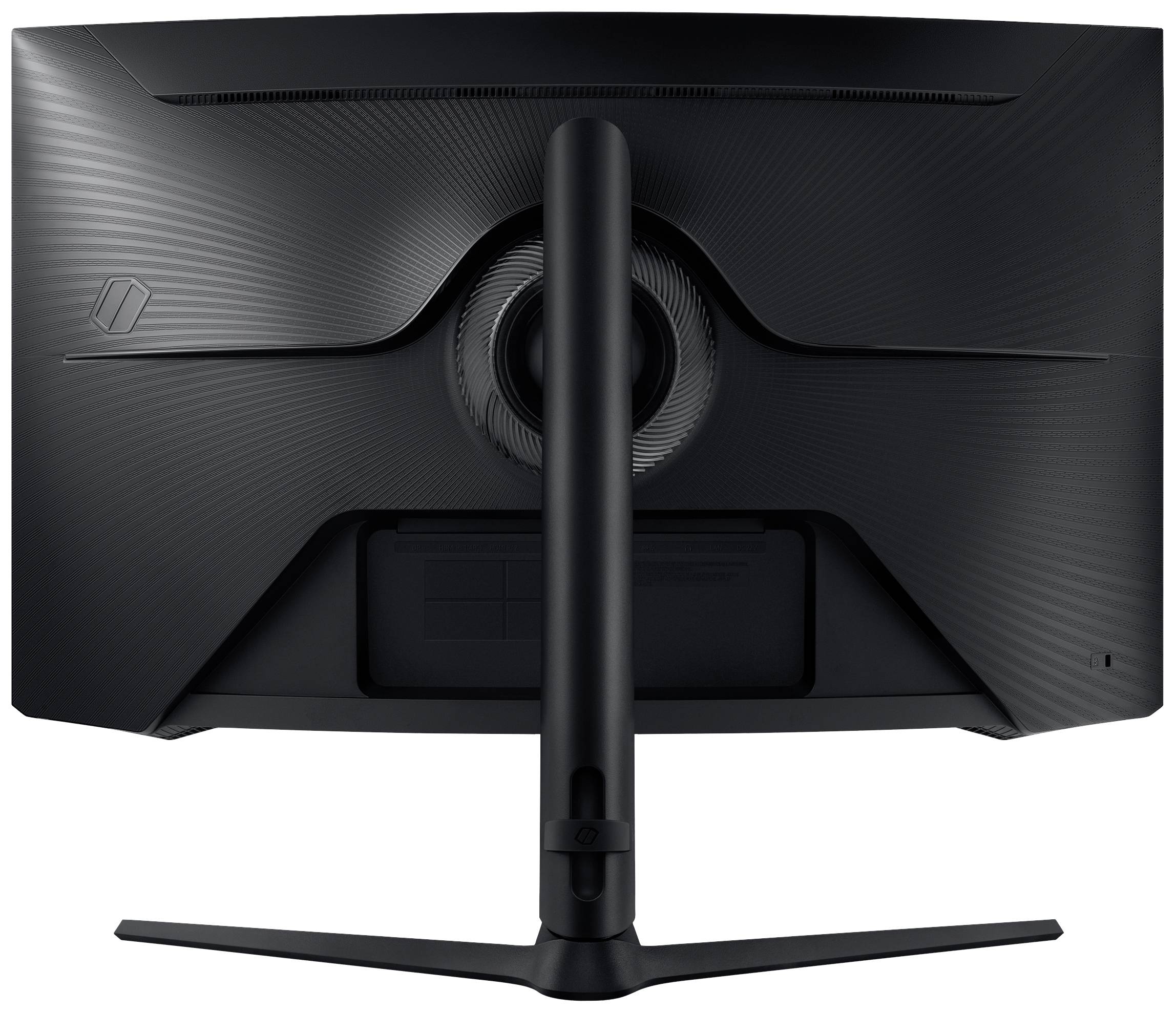 Černý monitor zezadu ukazuje štíhlý design se zaoblenými hranami a štíhlou podstavou. Ideální pro moderní kanceláře.