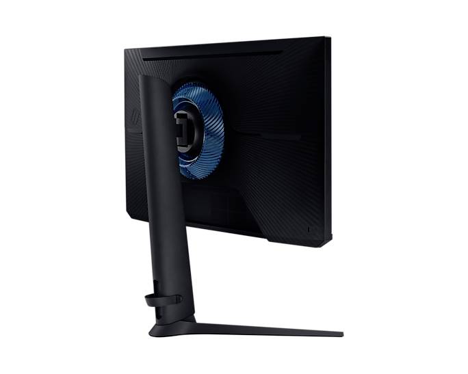 Zadní pohled na černý počítačový monitor s modrým kruhovým prvkem, upevněný na stabilní podstavě.