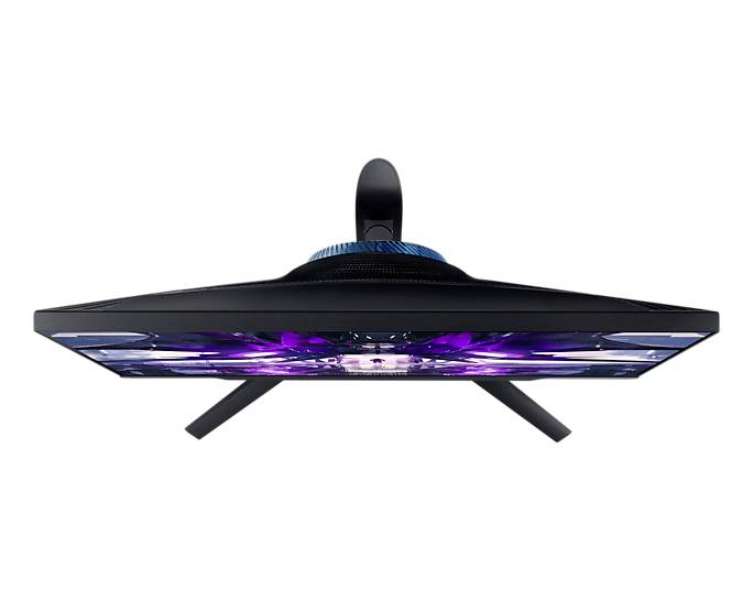 Stylový černý monitor pohledem shora. Displej zobrazuje barevný, abstraktní vzor v odstínech fialové a modré.