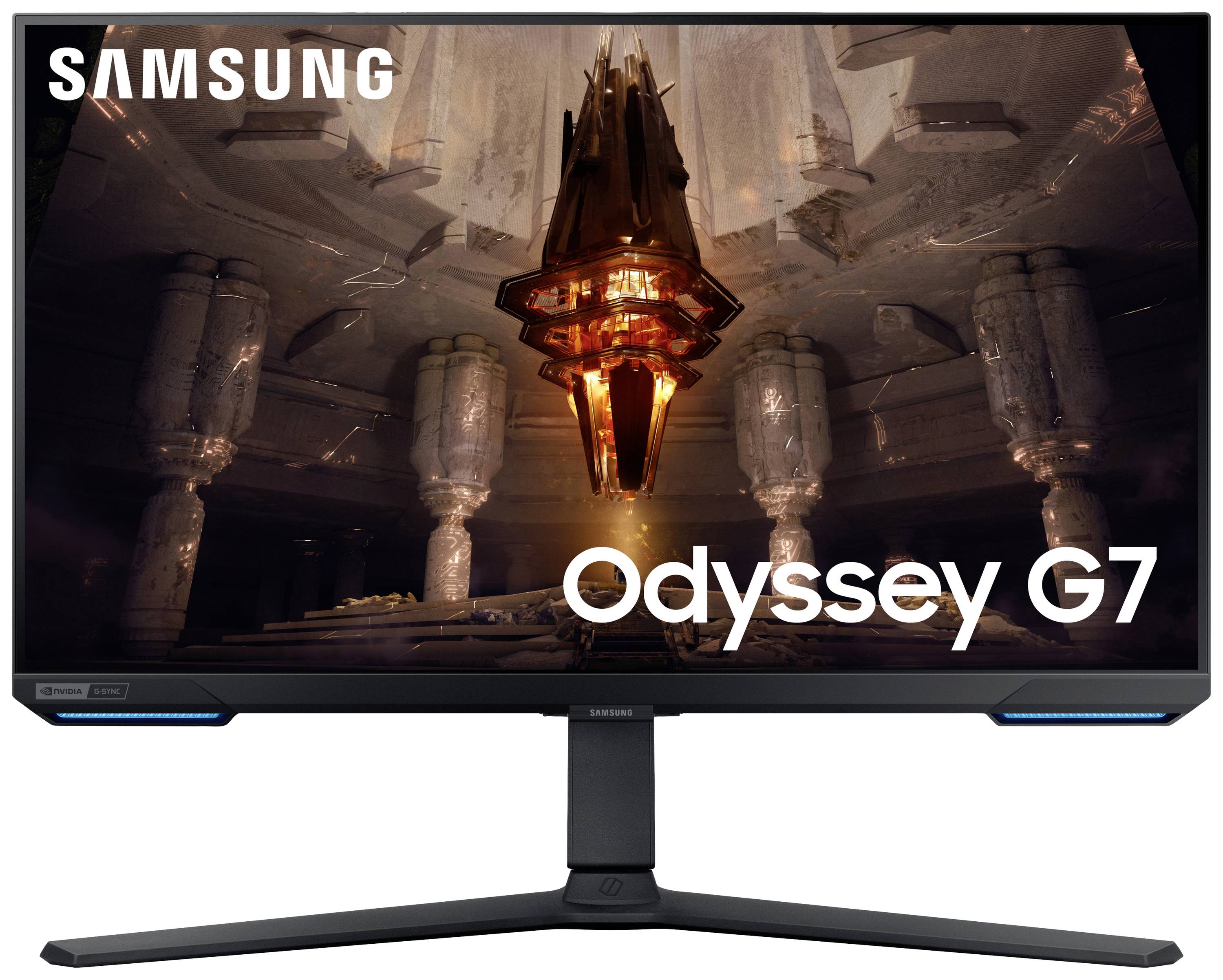 Samsung Odyssey G7 monitor zobrazuje futuristický, sci-fi inspirovaný obraz žhnoucího objektu v mystickém prostředí.