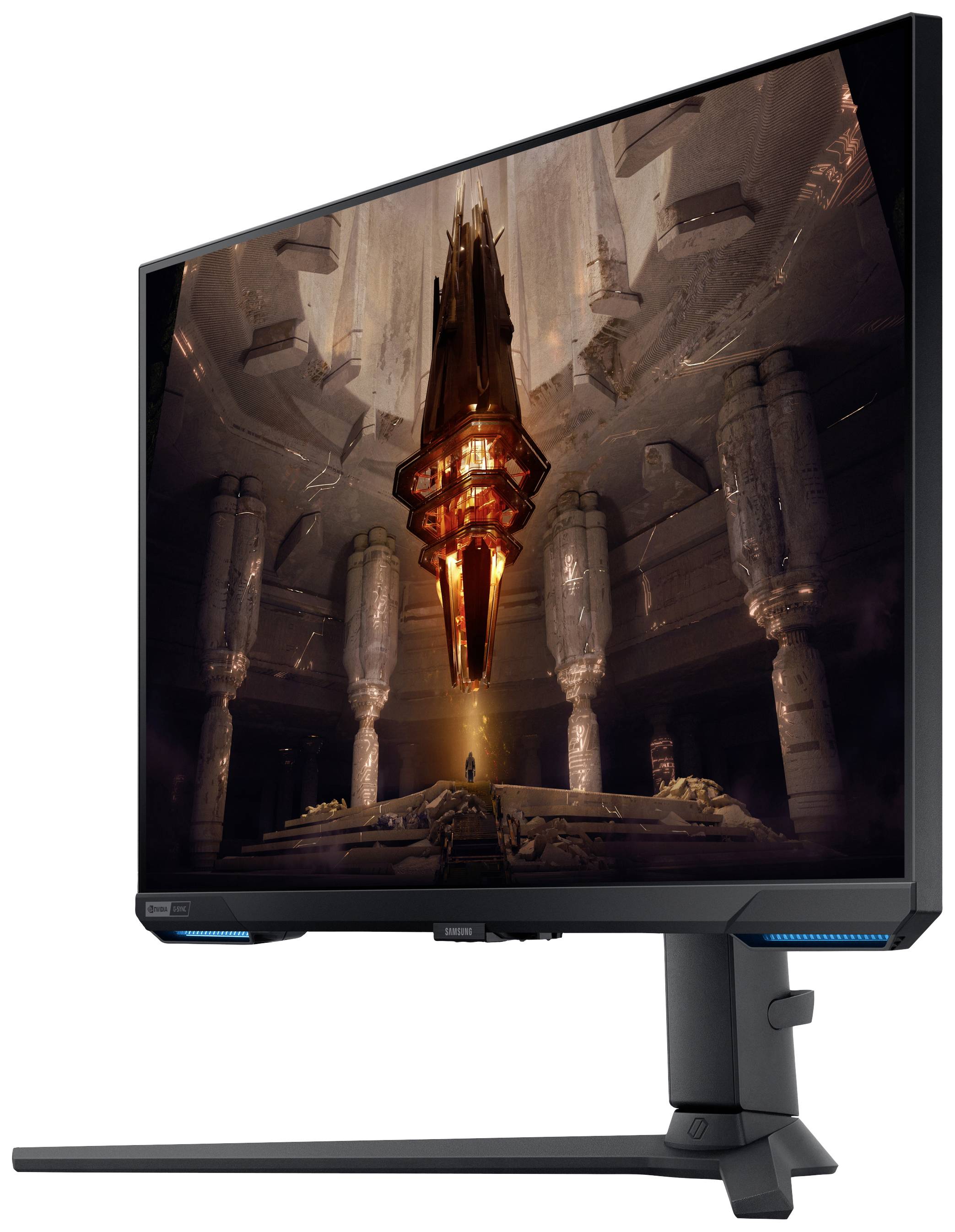 Monitor zobrazuje futuristický výjev vznášejícího se zářícího objektu v prostředí připomínajícím antickou sloupovou architekturu.