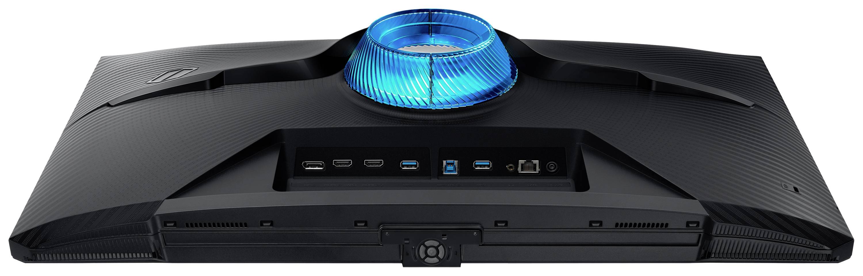 Černý herní monitor zezadu. Modře svítící ventilátor nahoře, pod ním konektory: HDMI, DisplayPort, USB a napájecí konektor.