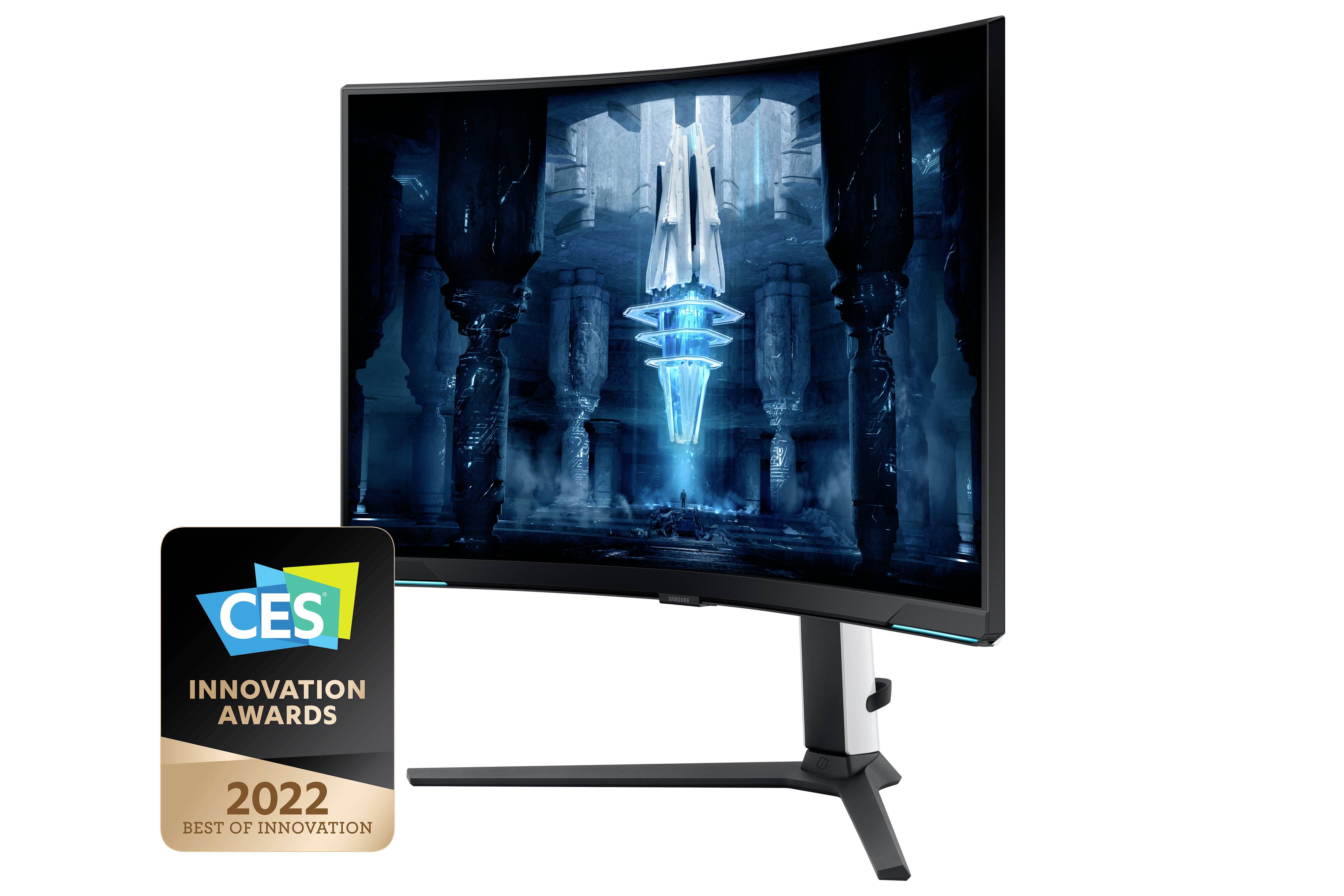 Zakřivený herní monitor s futuristickou hrou na obrazovce; vedle něj odznak 'CES Innovation Awards 2022'.