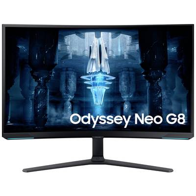 Zahnutý displej zobrazuje futuristický design s modrým osvětlením. Text na obrazovce: 'Odyssey Neo G8'.