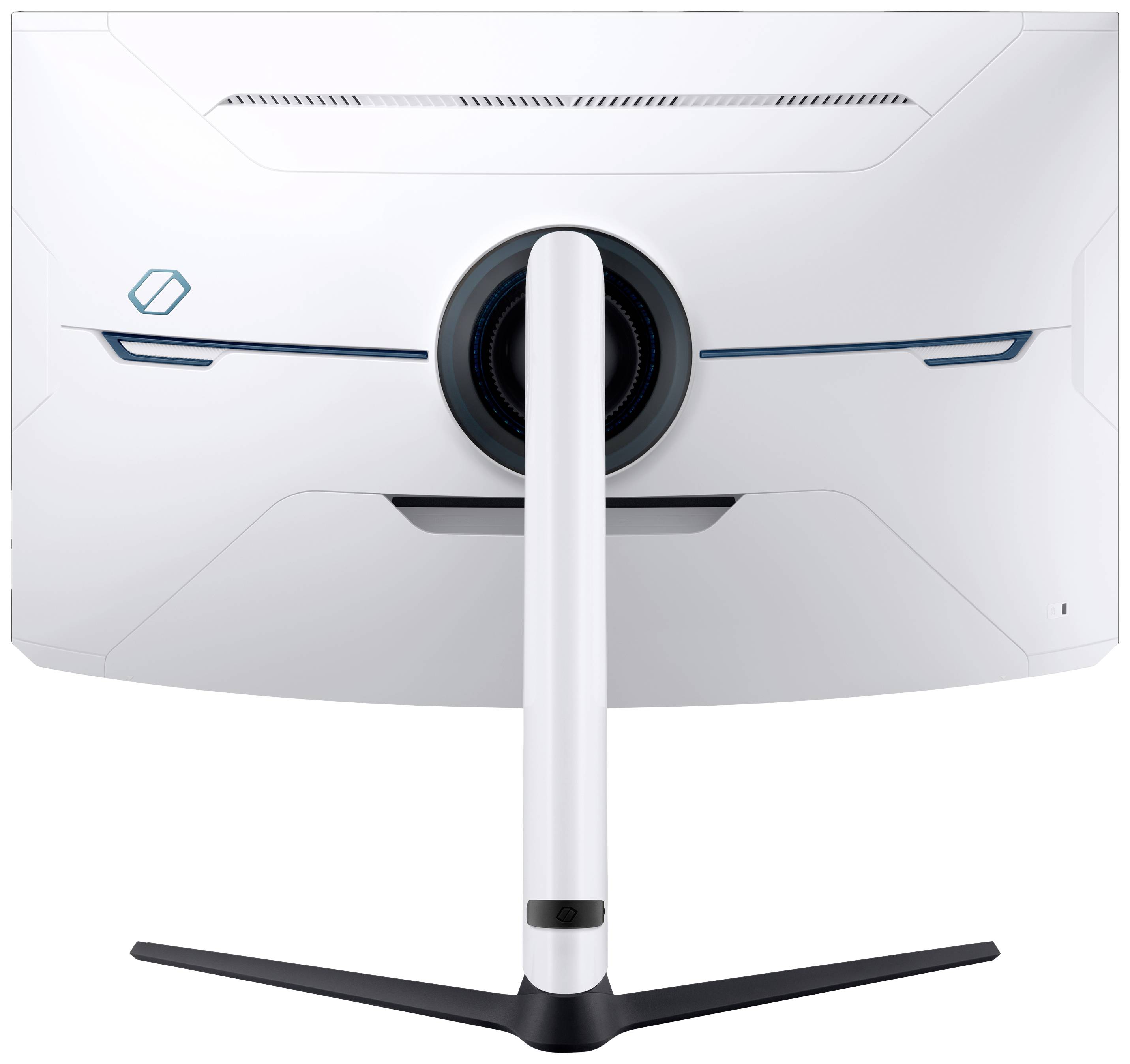 Bílý, futuristický počítačový monitor z pohledu zezadu, s zakřiveným designem a centrální podstavou.
