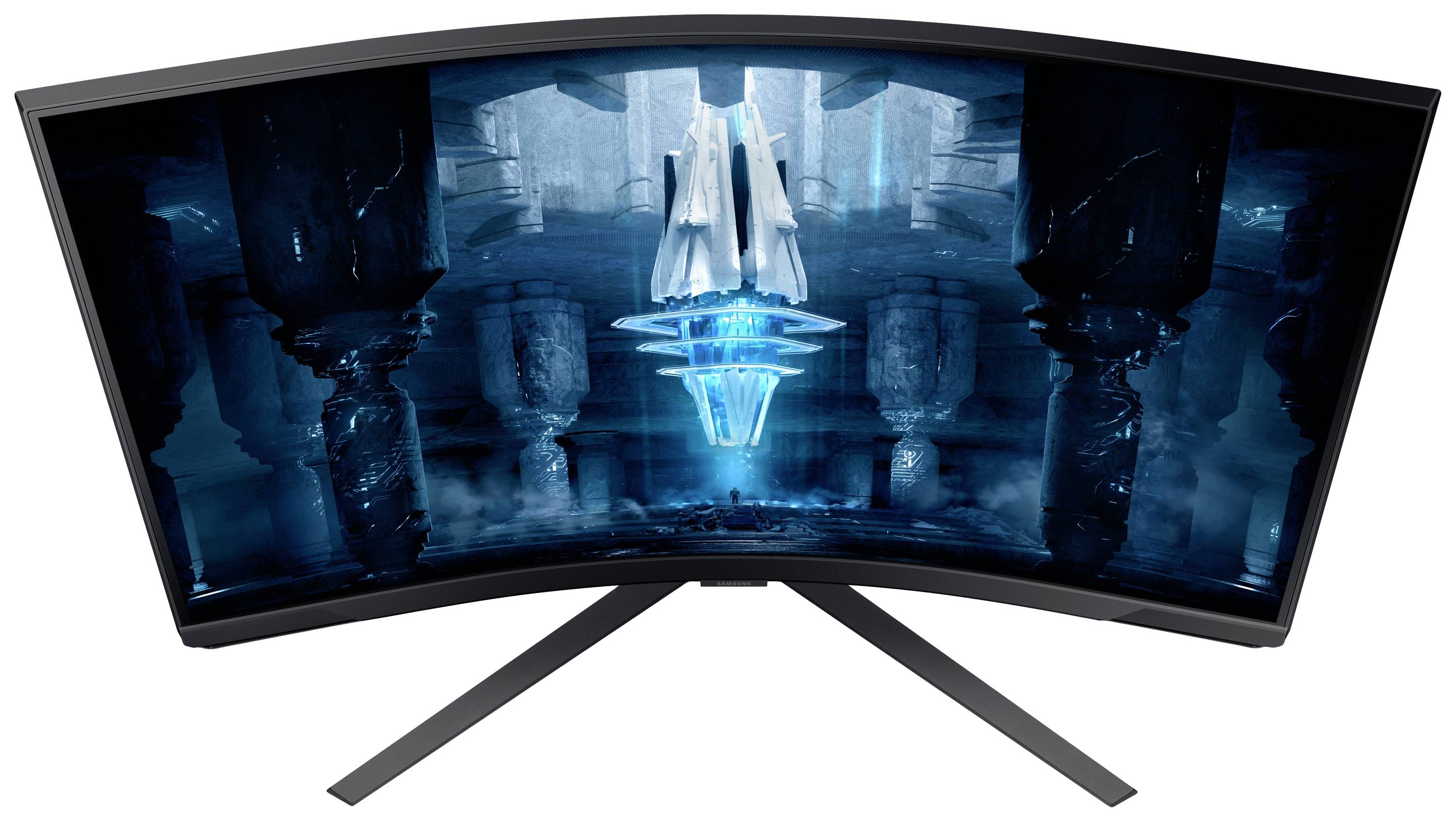 Zakřivený počítačový monitor zobrazuje modře podsvícený, futuristický design s centrálním, symetrickým prvkem.