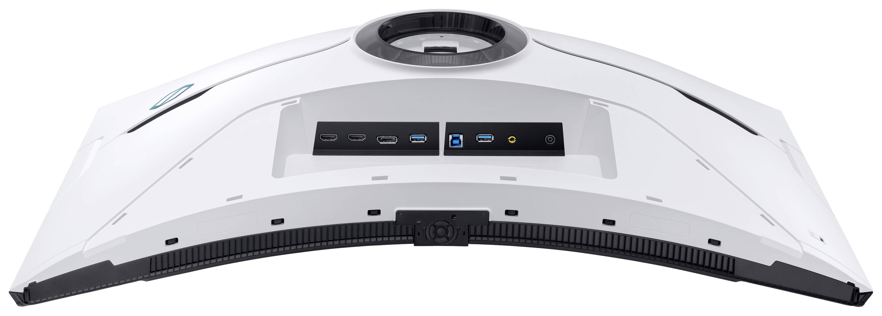 Zakřivený herní monitor s bílým zadním krytem a několika přípojkami: HDMI, DisplayPort a USB. Určen pro intenzivní herní zážitek.