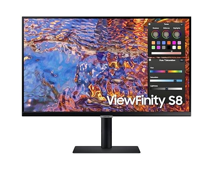 Monitor s pestrobarevným zobrazením ukazuje program pro úpravu obrázků s možnostmi nastavení barev. Označení 'ViewFinity S8'.