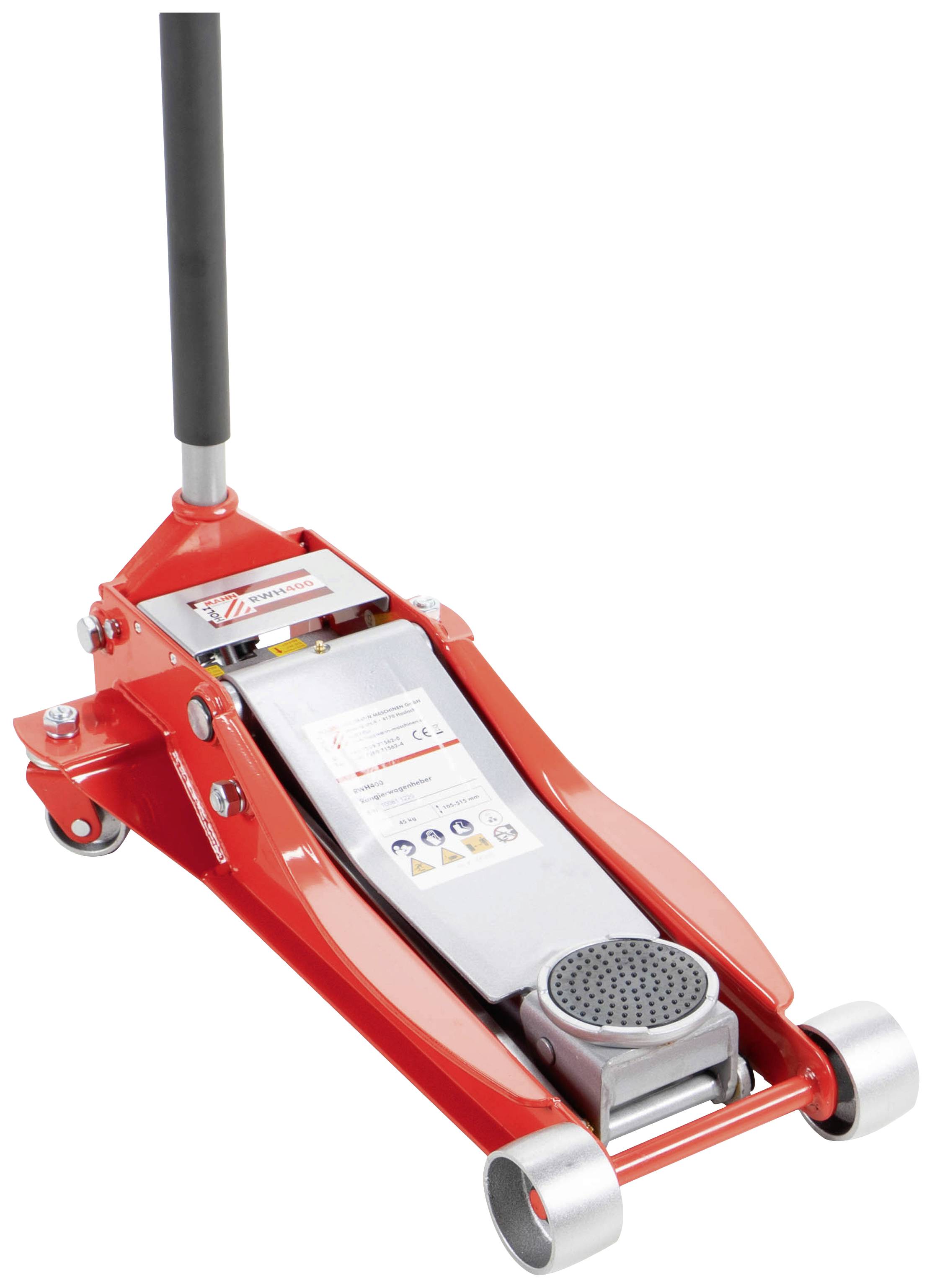 Červený hydraulický zvedák s dlouhou rukojetí, vhodný pro zvedání vozidel při opravách nebo údržbě.