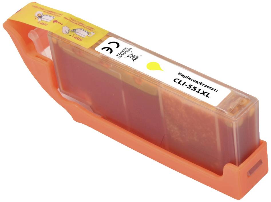Žlutá tisková kazeta CLI-551XL s oranžovým pouzdrem, štítek s textem 'Vyměnit/Resetovat' a 'CLI-551XL', viditelné CE označení.