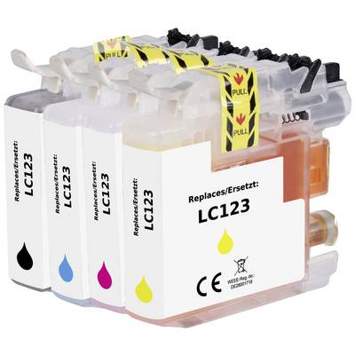 Čtyři inkoustové cartridge v černé, azurové, purpurové a žluté barvě, označené nápisem 'LC123'. Jsou kompatibilní s tiskárnou.