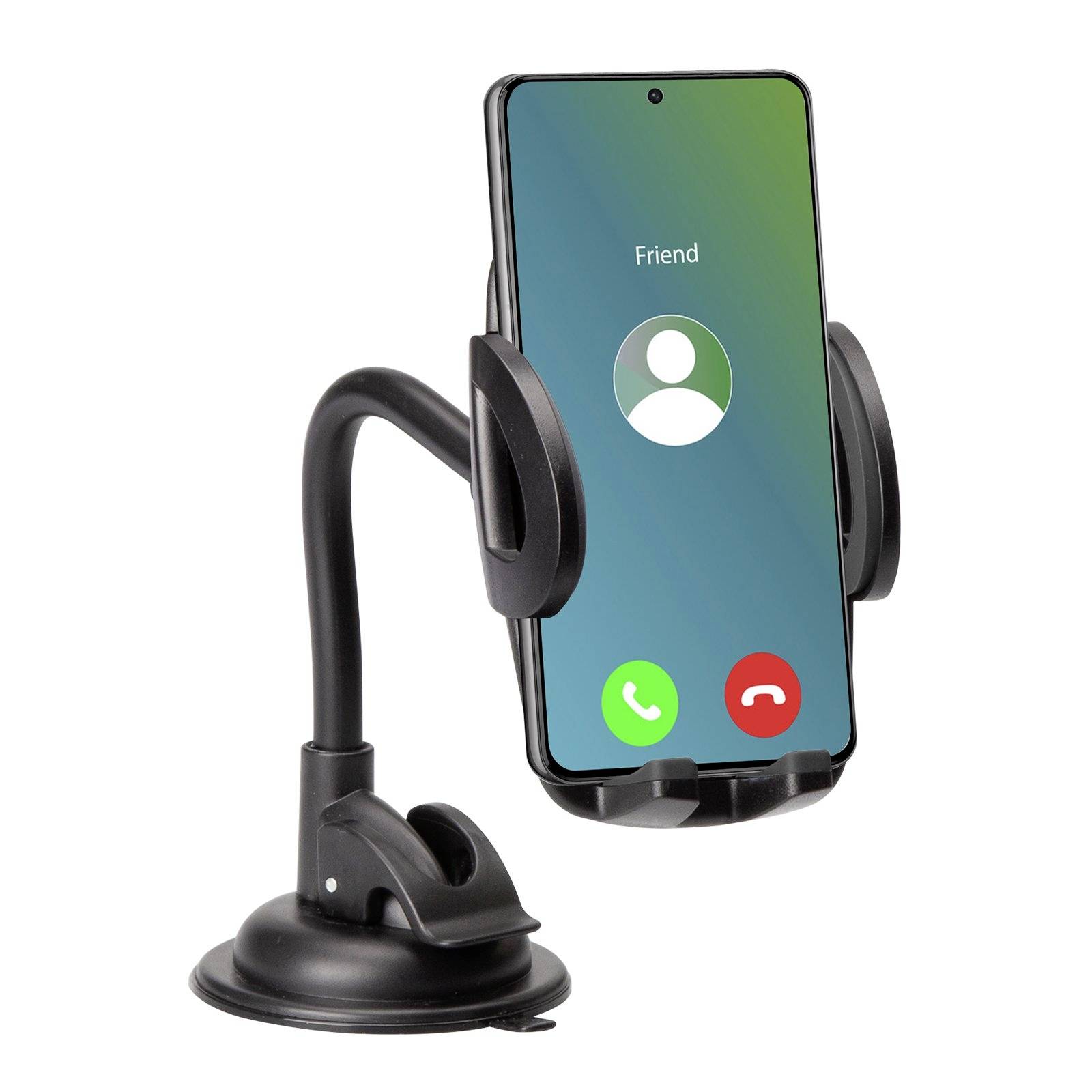 Smartphone v držáku na auto zobrazuje příchozí hovor.