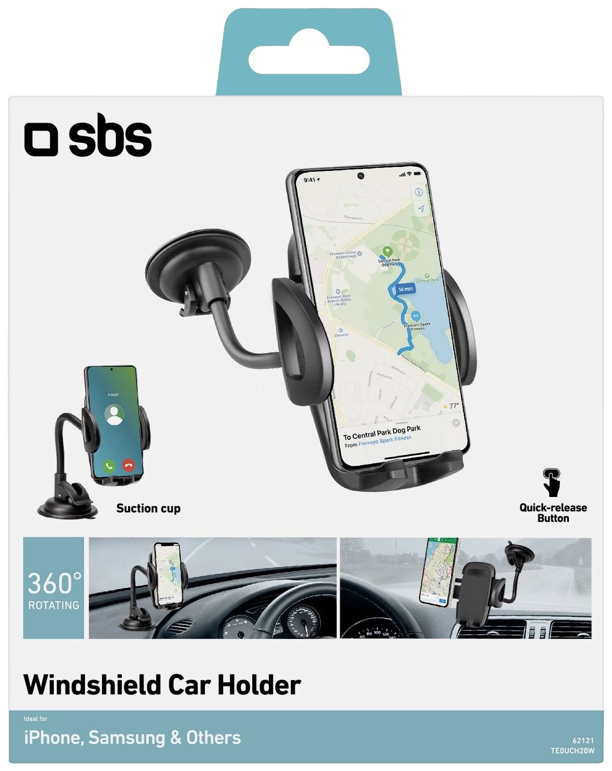 Držák telefonu na čelní sklo od SBS, zobrazující navigační systém smartphone na držáku. Vhodný pro iPhone, Samsung a další modely.