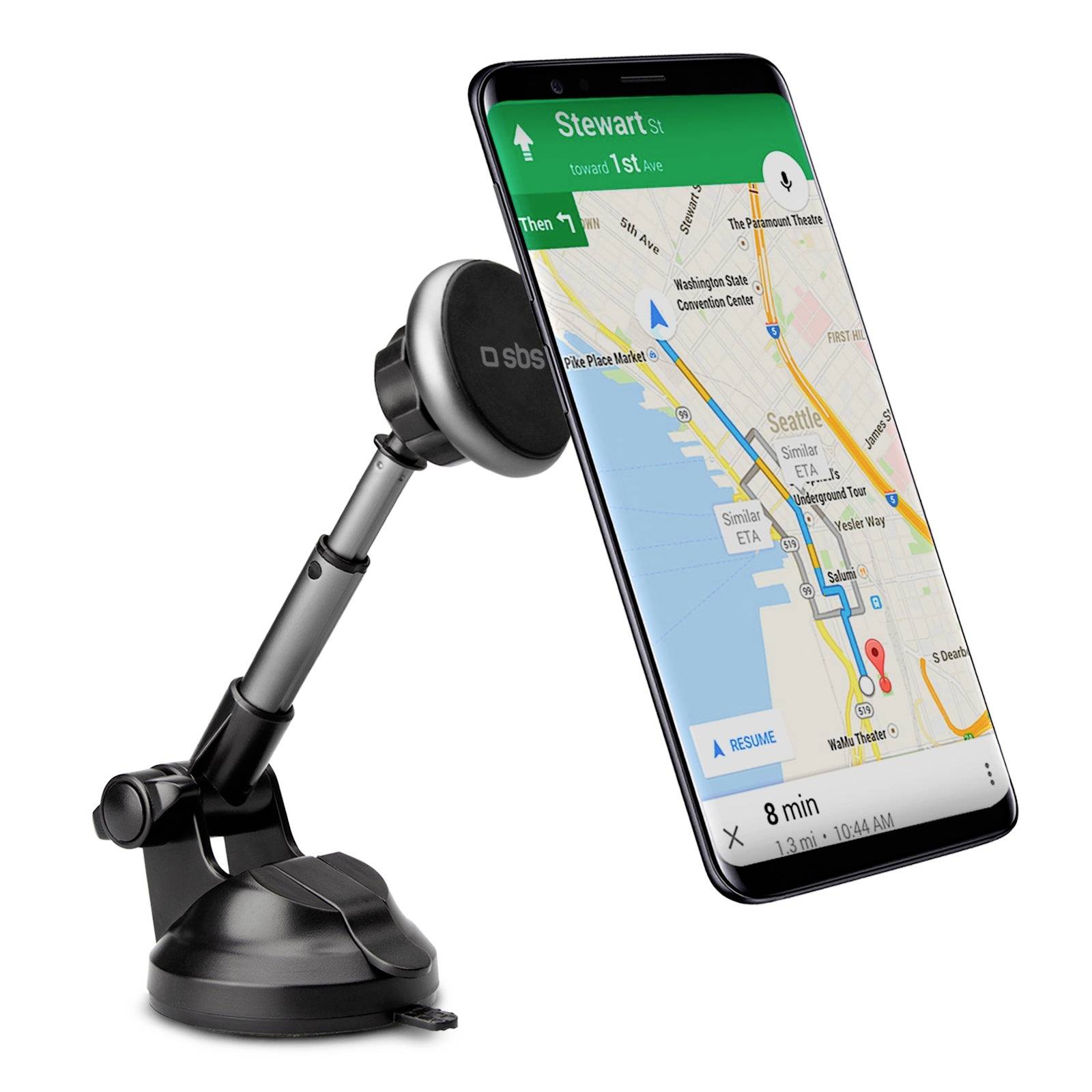 Mobilní telefon připevněný v držáku automobilu zobrazuje navigační mapu s trasou.