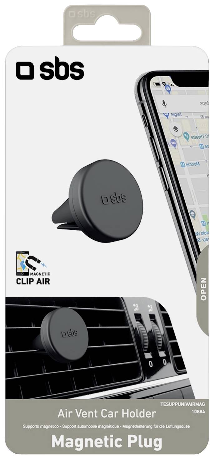 Magnetický držák do ventilace automobilu od SBS, zobrazený se smartphonem na mapě. Přední strana obalu s vyobrazením produktu a logem.