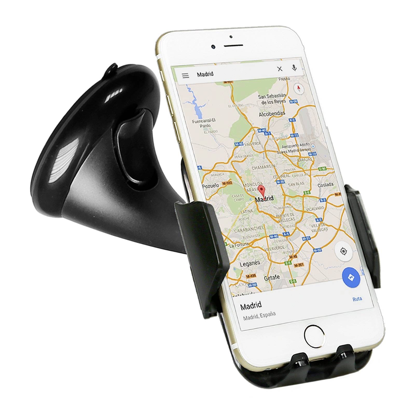 Mobilní telefon zobrazuje mapu Madridu v držáku na automobil.