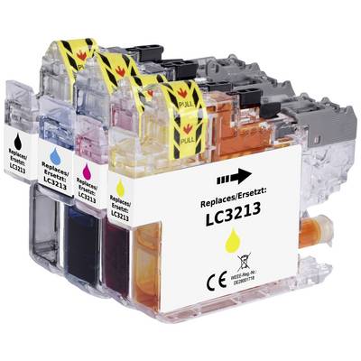 Čtyři inkoustové cartridge v barvách žluté, purpurové, azurové a černé, označené štítkem „Replaces/Nahrazuje: LC3213", zobrazují etikety s barevnými symboly.