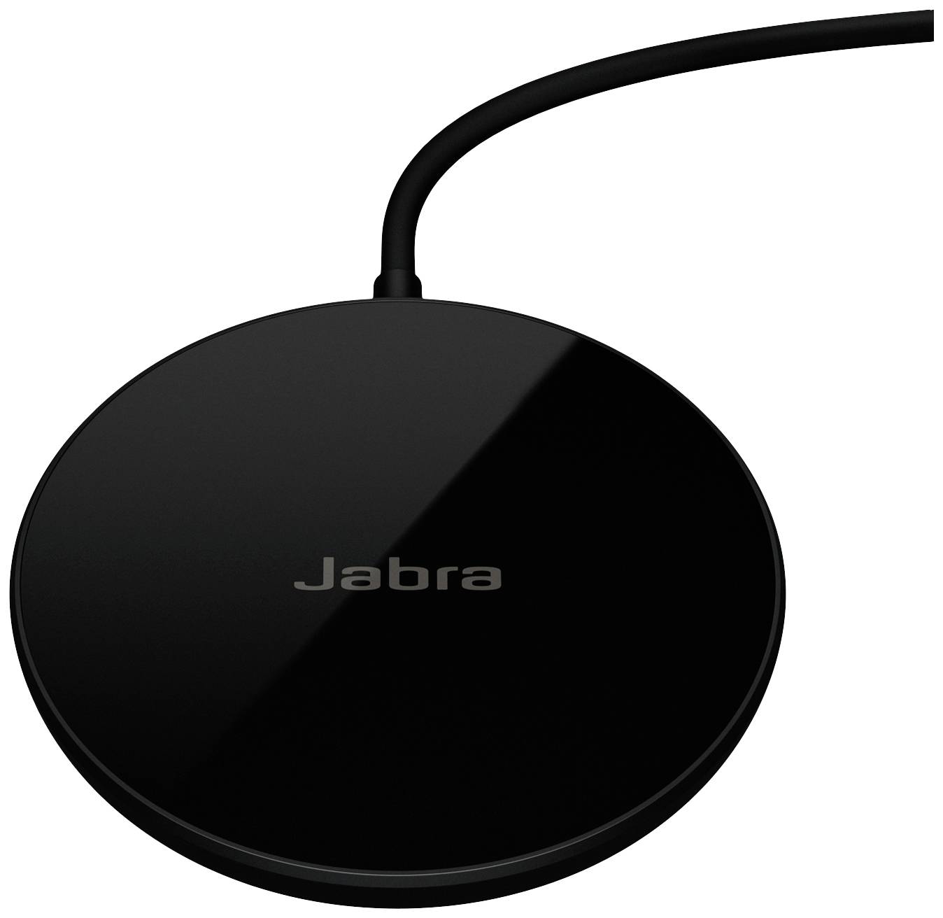 Černá nabíjecí stanice Jabra s kulatým designem a připojeným kabelem.