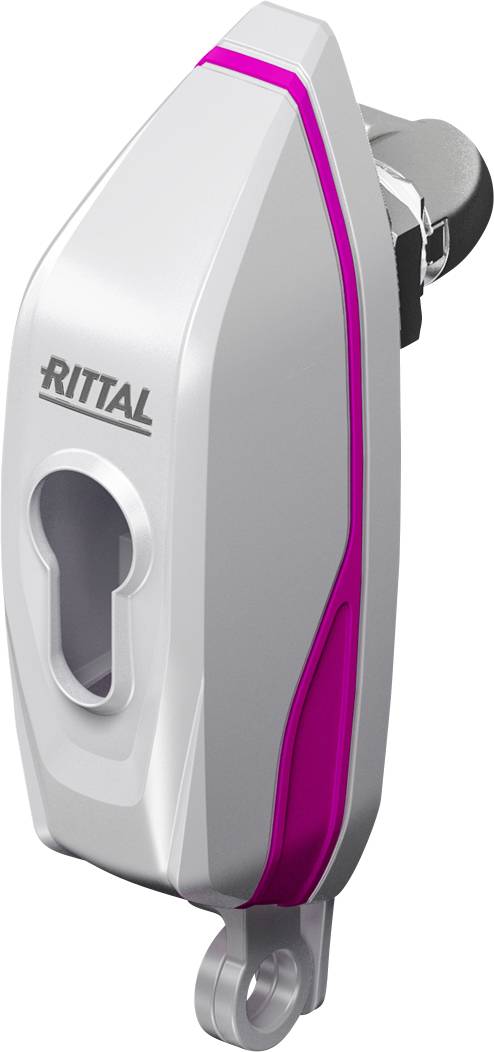 Zámek rozváděče s nápisem "RITTAL". Je bílý s růžovým akcentem a má kapkovitý otvor.