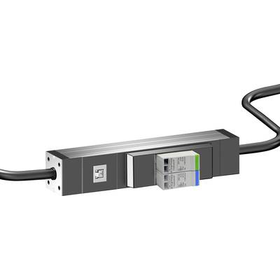 Obdélníkový elektronický senzor se dvěma připojenými kabely. Je šedý s malým logem na horní straně.