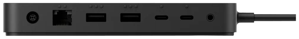 Pohled zezadu na rozbočovač s několika porty: napájení, Ethernet, dva USB-A, dva USB-C a audiokonektor.