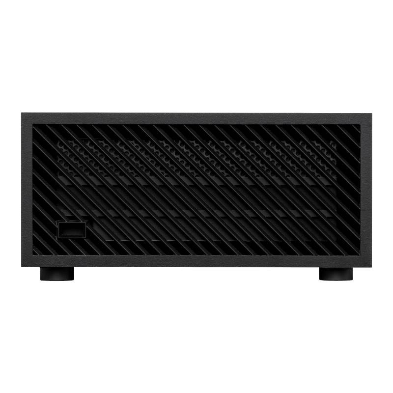 Černý síťový switch nebo router s větraným mřížkovým designem a dvěma stojánky vpředu. Ideální pro domácí nebo kancelářské síťové připojení.
