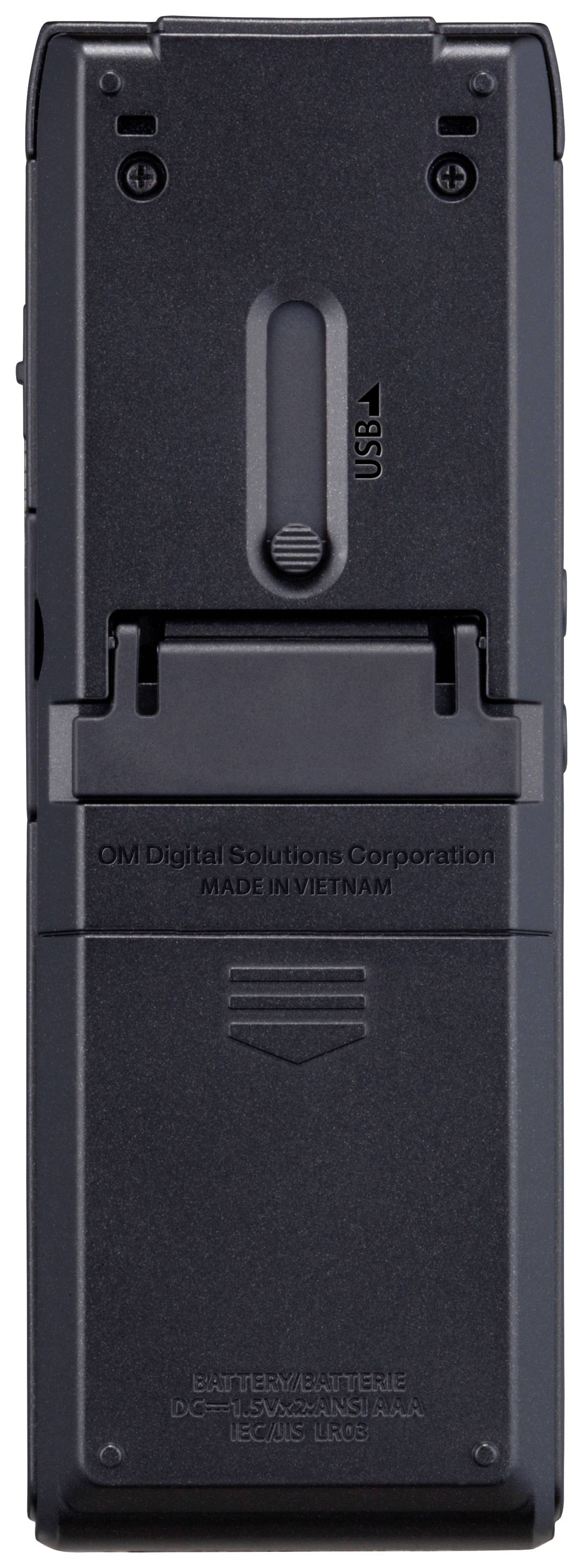 Zadní pohled na přenosné zařízení s USB portem a výrobními informacemi 'OM Digital Solutions Corporation, Vyrobeno ve Vietnamu'.