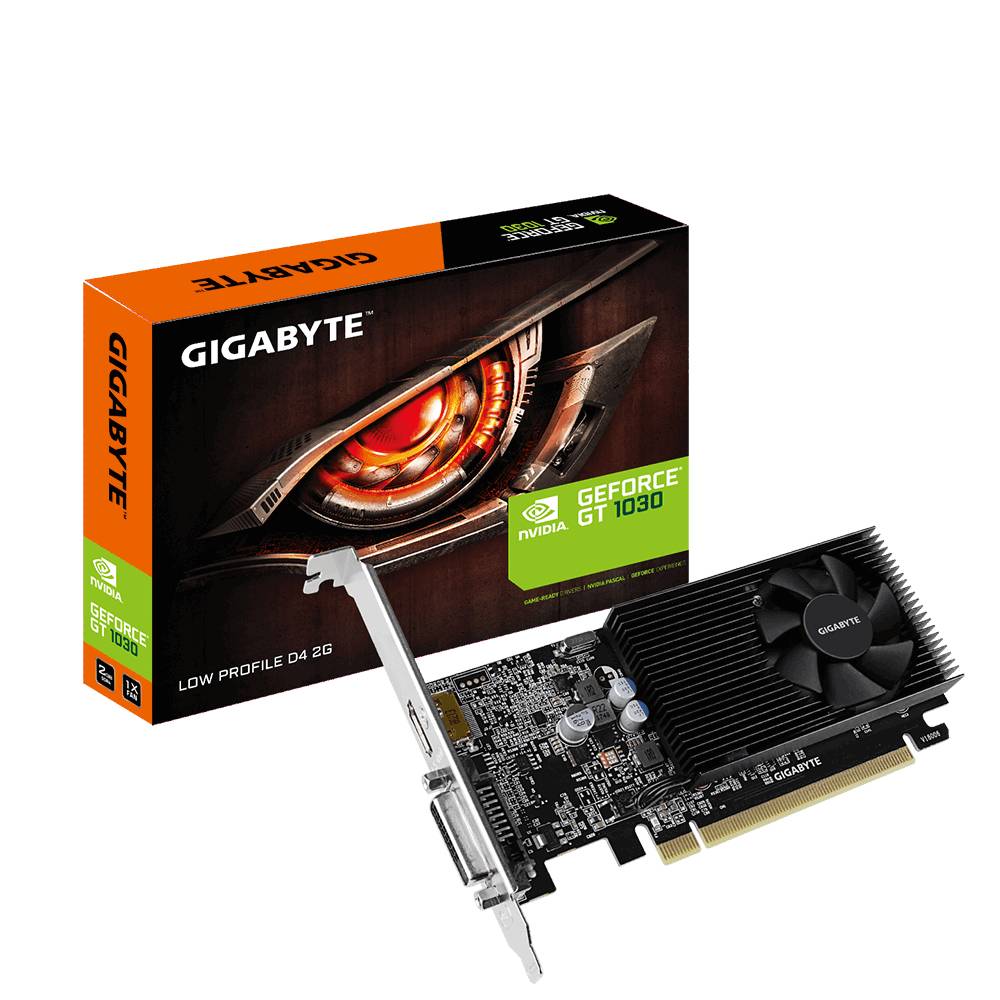 Grafická karta Gigabyte GeForce GT 1030, zobrazená s obalem, nabízí 2GB paměti, vhodná pro základní grafické úlohy.