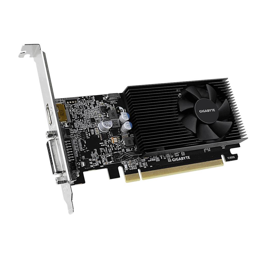 Černá grafická karta od Gigabyte s ventilátorem, rozhraním PCIe a chladičem, vhodná pro upgrade počítačového hardwaru.
