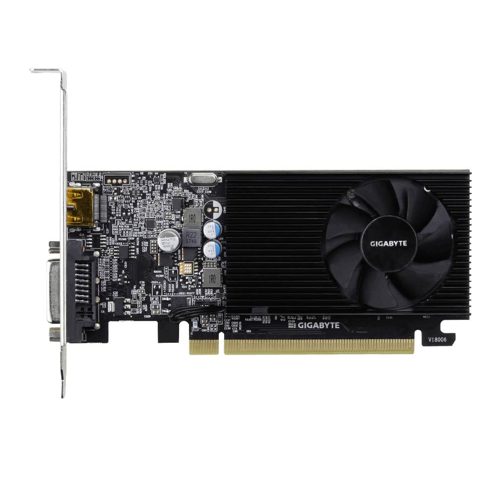 Černošedá grafická karta s velkým ventilátorem a několika konektory, mimo jiné HDMI a VGA. Viditelný text značky 'Gigabyte'.