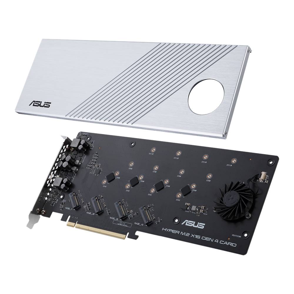 Karta Asus Hyper M.2 x16 Gen 4 a kryt, která umožňuje připojení několika M.2 SSD disků pro rozšíření úložné kapacity.