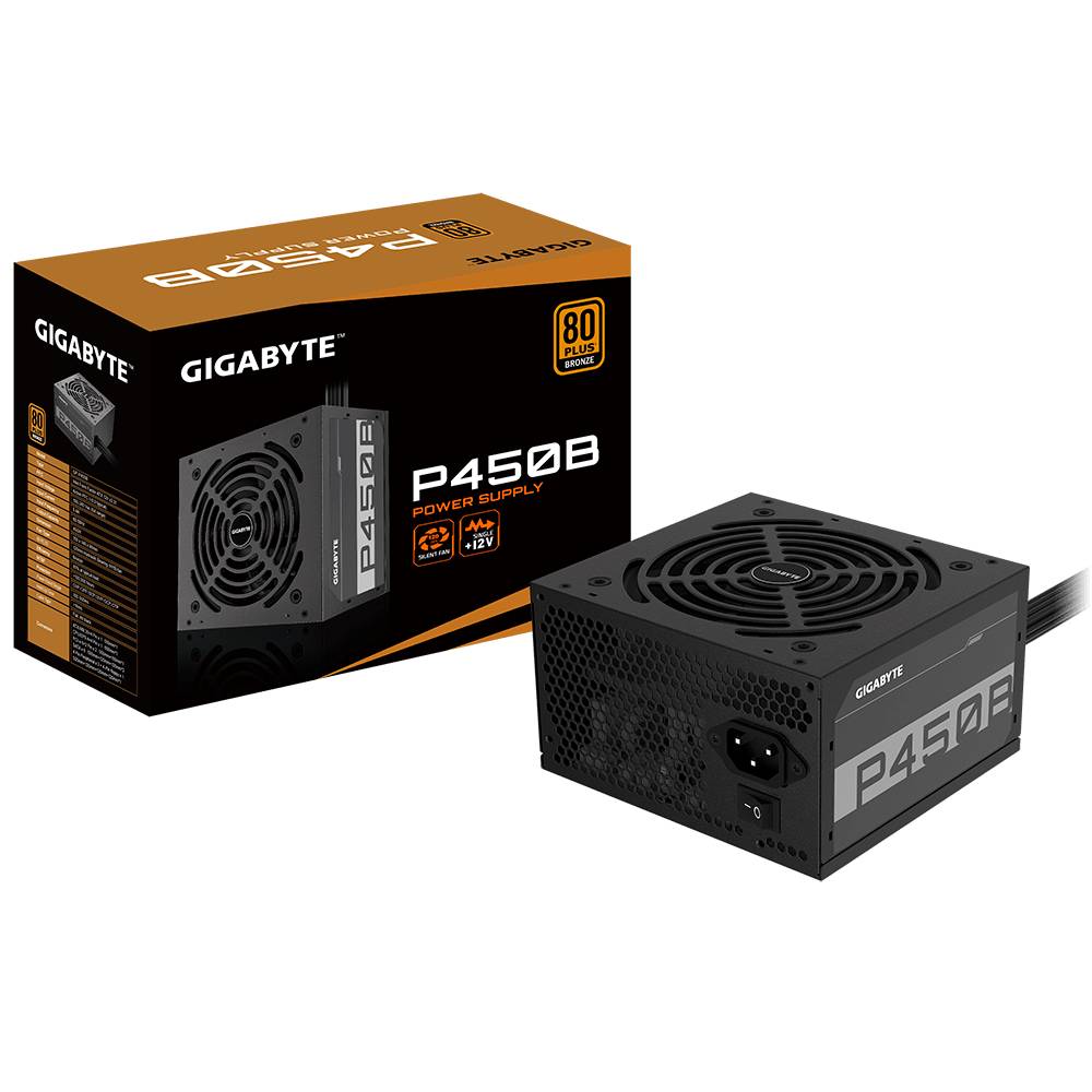Síťový zdroj Gigabyte P450B 450W s certifikací 80 Plus Bronze, zobrazený v černém designu vedle odpovídající krabice.
