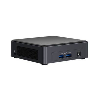 Kompaktní černý stolní počítač se dvěma USB porty na přední straně a síťovým tlačítkem. Ideální pro úsporné pracovní prostory.