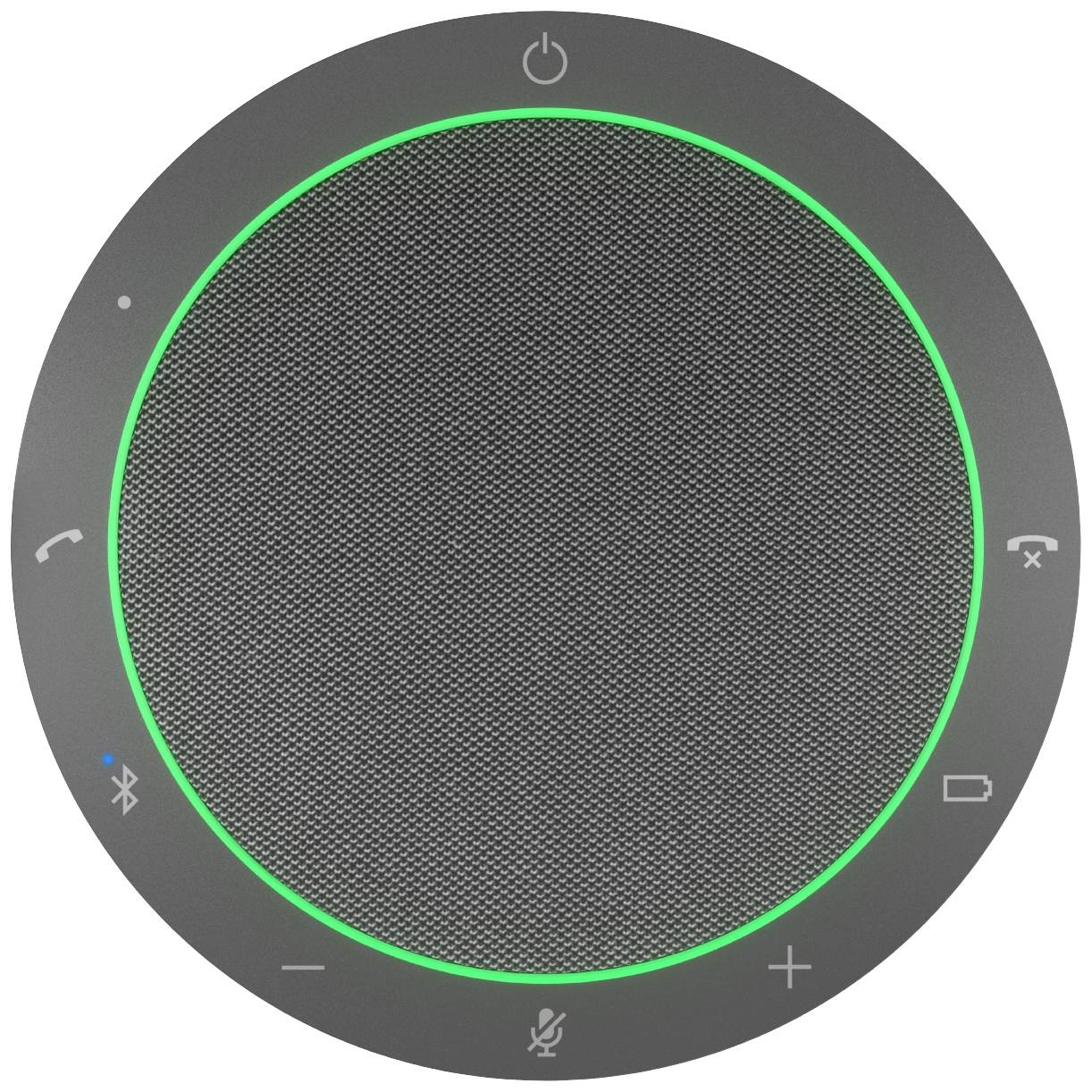 Kulatý konferenční reproduktor s indikátorem zeleně svítící LED. Obsahuje symboly pro telefonní hovor, Bluetooth, ovladač hlasitosti a mikrofon.